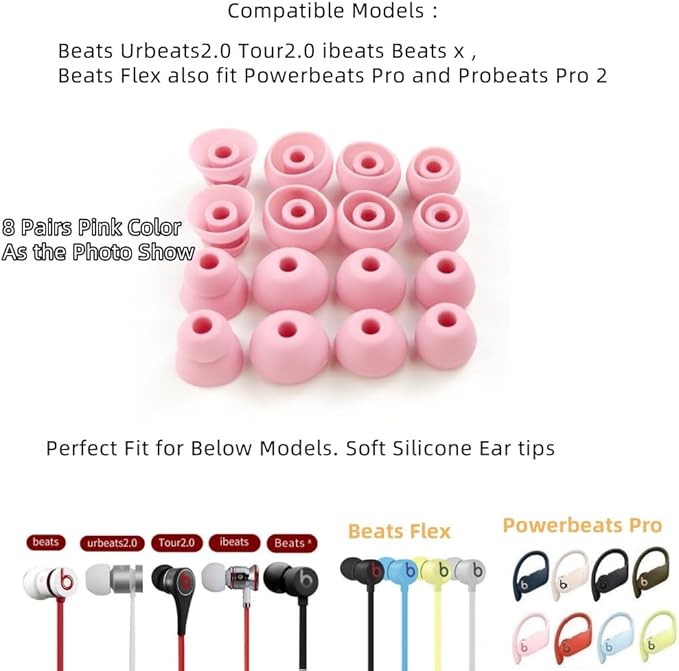 Replacement Ear Tips for Beats Urbeats2.0 Tour2.0 ibeats Beats x, Beats Flex Secure Fit for Powerbeats Pro Silicone Earbuds Washable Sweat-Resistant Noise Isolation 8 Pairs (Coral Pink)