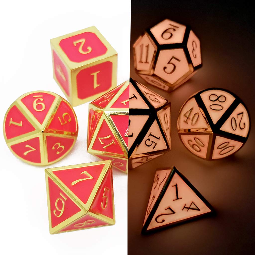 Haxtec Gold Glowing Red Metal DND Dice Set Glow in the Dark Enamel D&D Dice with Dragon Eye Leather Dice Bag Compatible with Dungeons and Dragons TTRPG Gift for DND Lovers DM Masters