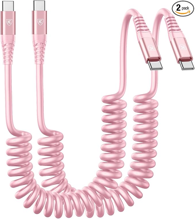 USB C to C Cable 3FT for Car, Coiled USB C Fast Charging Cable for iPhone 16, 2Pack Type C Cord for iPhone 15/Plus/Pro/Pro Max/Samsung Galaxy S23-Pink