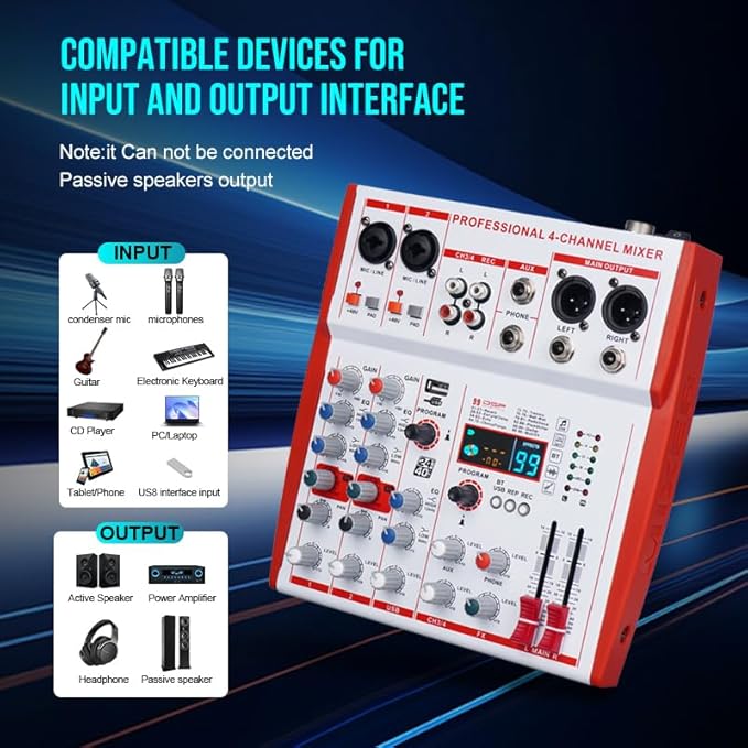 mw-4 white 4Channel Audio Mixer with 99 Sound Effects for PC,Portable Sound Mixing Console with BT USB Recording Input for Live Streaming,Podcasting