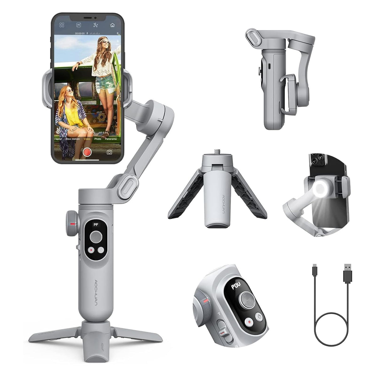 Professional Gimbal Stabilizer for Smartphone w/Wireless Charging OLED Display LED Light Focus Wheel, 3-Axis Phone Gimbal Stabilizer for iPhone 15 14 13 12 Pro/Max/Xs Galaxy S23-AOCHUAN Smart X3 Grey