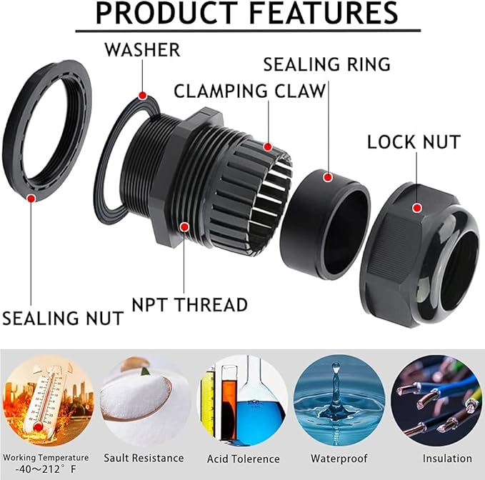 PENGLIN Cable Glands 1/2" NPT Nylon Cable Connector, Strain Relief Cord Connector, IP68 Waterproof Adjustable Locknut(1/2 Inch (20-Pack))