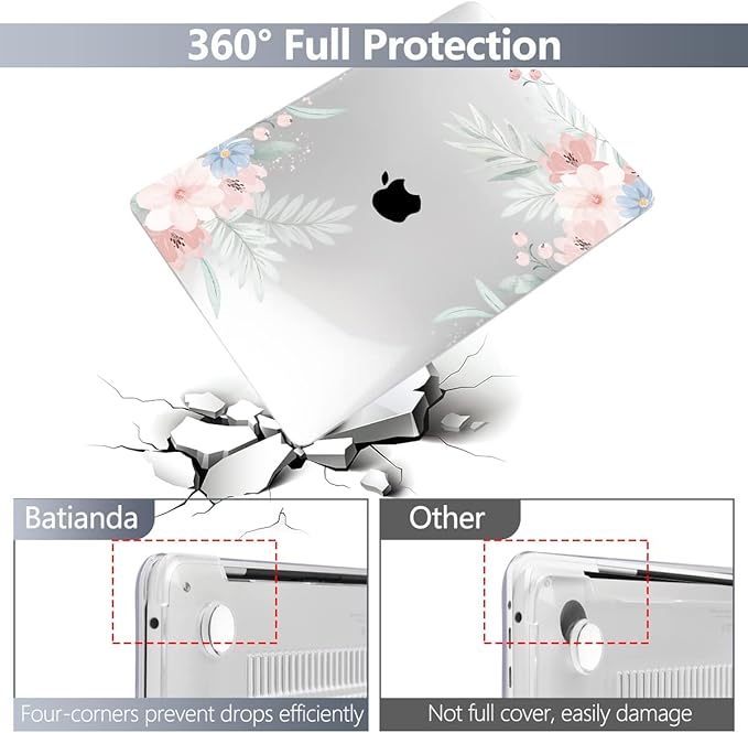 Batianda Design Case for M1 MacBook Air 13 Inch Model A2337 A2179 A1932 2021 2020 2019 Release,3D Painted Hard Shell with Keyboard Cover & Screen Protector, Cute Flower