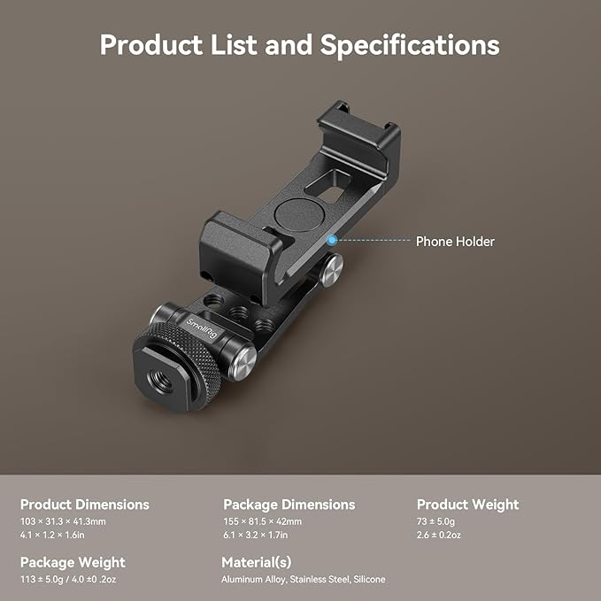 SMALLRIG Universal Metal Phone Support with Cold Shoe Mount, Smartphone Holder Adapter Support Free Adjustment Joints, Phone Tripod Mount for iPhone 16 15 14, for Samsung Galaxy etc. - 4382