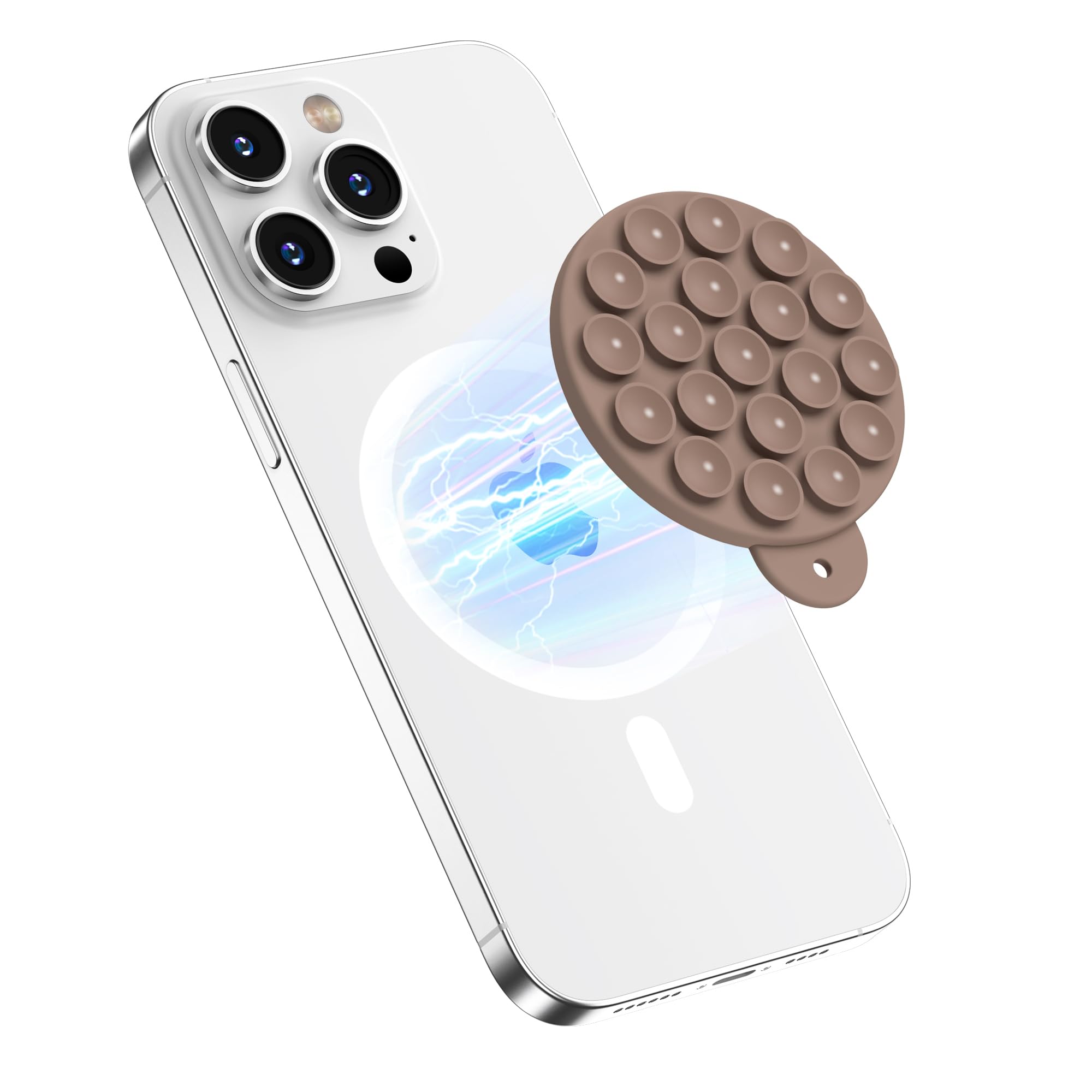 HSAOHD Magnetic Suction Cup Phone Mount with MagSafe, Silicone Hands-Free Grip Holder for iPhone Case and Android, Mirror Shower Phone Stand for Makeup FaceTime Gym Kitchen Bathroom, Light Brown