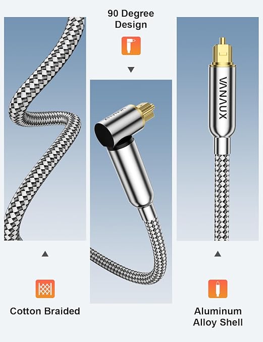 VANAUX 90-Degree Optical Audio Cable 10FT,Premium Fiber Optic Toslink Cable(24K Gold-Plated Connectors,Aluminum Alloy Shell,Braided Jacket)Ideal for Tight Spaces,Home Theater,Soundbars,Gaming Consoles