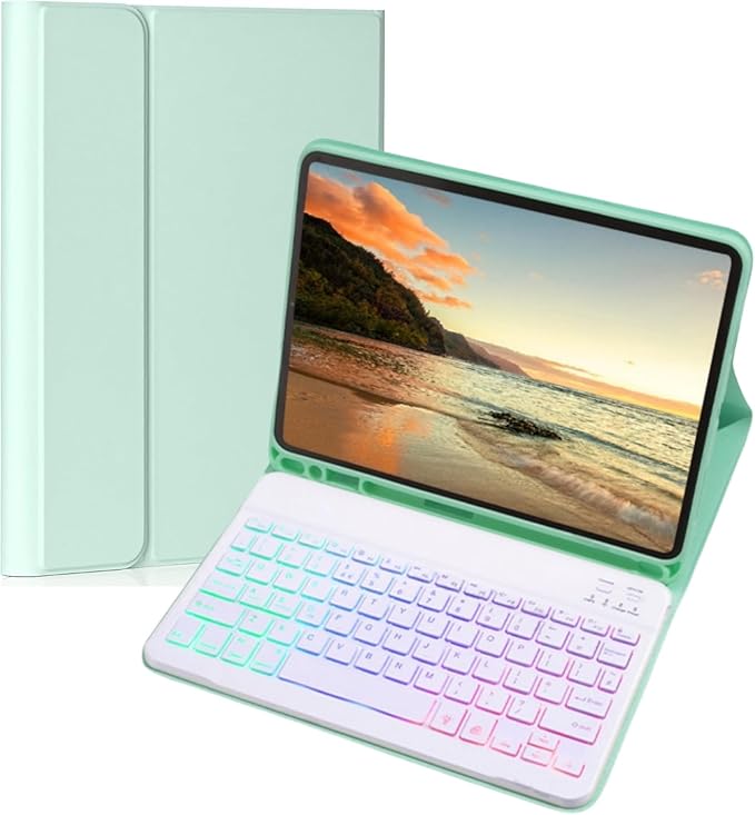 Keyboard Case for Galaxy Tab S10 Plus/S9 Plus/S9 FE Plus/S8 Plus/S7 Plus/S7 FE 12.4 Inch, 7 Color Rainbow Backlight Detachable Magnetic Keyboard Cover with S Pen Holder,Mint Green