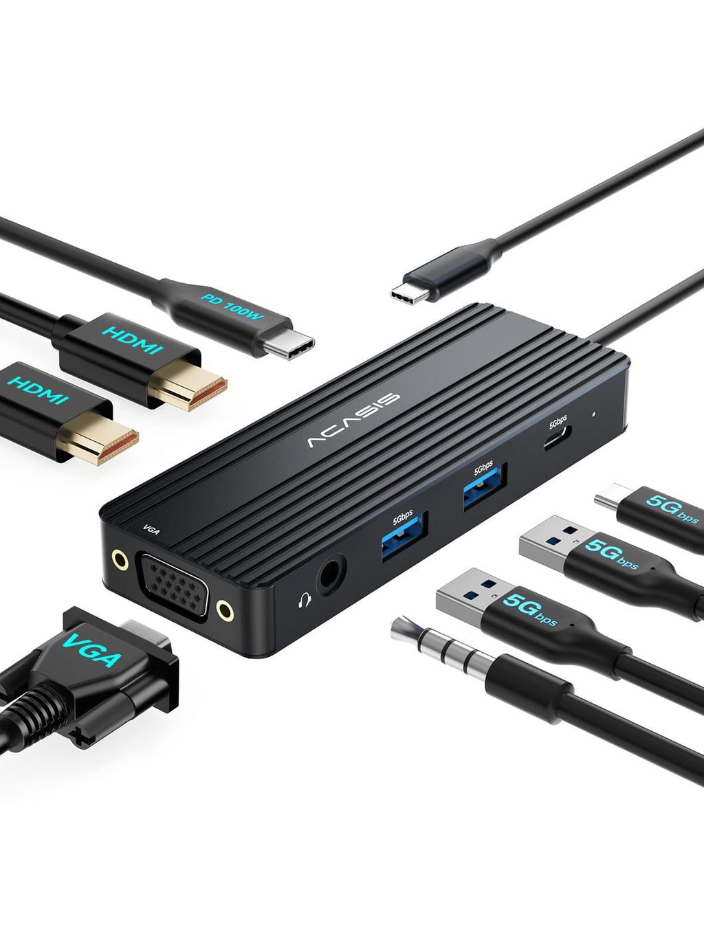 ACASIS USB C Docking Station Dual Monitors,8-in-1 Laptop Docking Station with Dual HDMI +VGA +2 * 5G USB-A/C+3.5MM Audio+PD100W, USB C HUB multiport Adapter for Dell/HP/Lenovo ThinkPad（Gray）