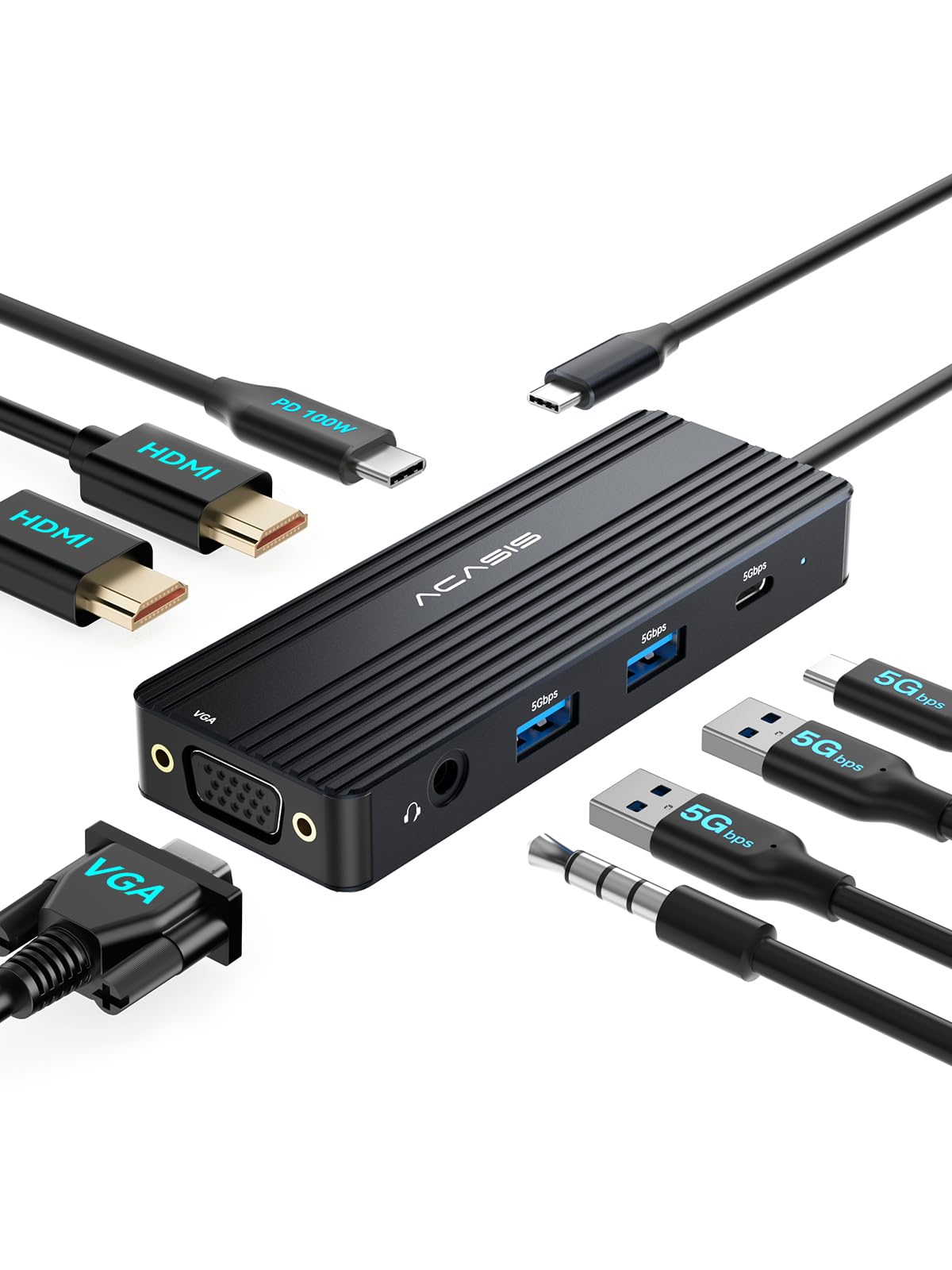 ACASIS USB C Docking Station Dual Monitors,8-in-1 Laptop Docking Station with Dual HDMI +VGA +2 * 5G USB-A/C+3.5MM Audio+PD100W, USB C HUB multiport Adapter for Dell/HP/Lenovo ThinkPad（Gray）