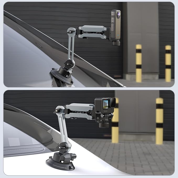Geyo Camera Suction Cup Mount, Aluminum Alloy Multi-Function Shock Absorber Arm Stabilizer, 4" Vacuum Suction Cup, 1/4" Mounting Holes Car Mount for Insta 360 X4, for DJI Pocket 3, for GoPro, Silver
