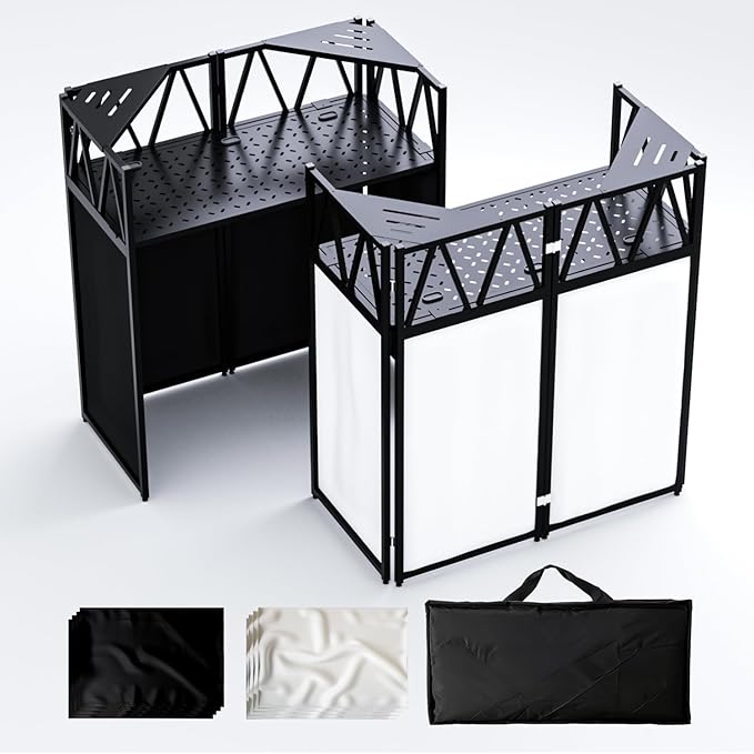 DJ Table Stand Portable booth, Foldable DJ Stand Booth, Heavy-Duty Adjustable Height DJ Facade Booth, Easy to Assemble, Stylish, Convenient to Store and Transpor