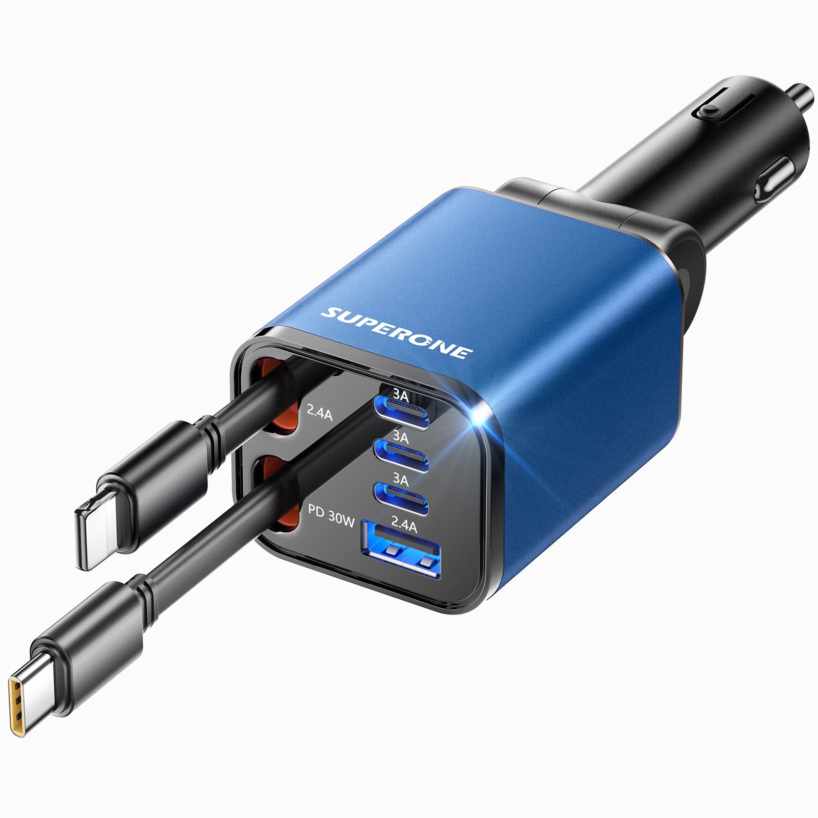[Upgraded] 6 in 1 Retractable Car Charger with USB-C & Apple Cables