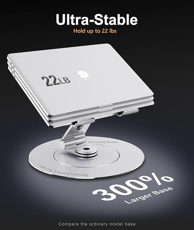 Ultra-Stable Swivel Laptop Stand for Desk with 360 Rotating Larger Base, Military-Grade Aluminum, Anti-Loosening Structure, Height Adjustable Laptop Stand, Suitable for 10"-17.3",Ocean-Grey
