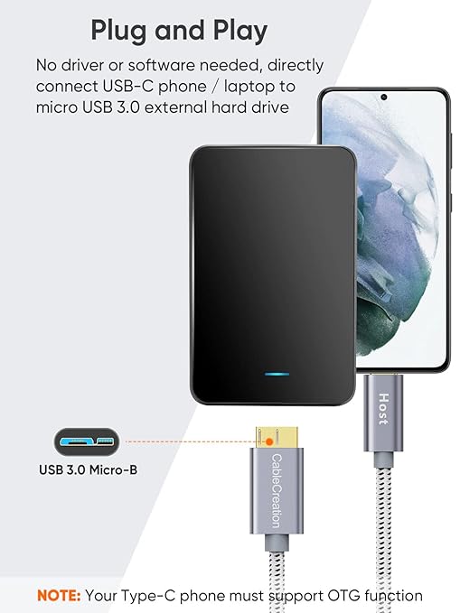 CableCreation 3.3FT USB C to Micro B Cable,10Gbps Speed External Hard Drive Braided,USB 3.1 Type C to Micro B Work for iPhone 15 Series,Seagate WD Westgate My Passport,MacBook Pro,iPad/Tablet,Grey