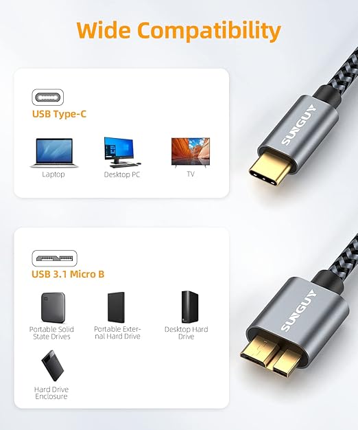 SUNGUY 10Gbps 5FT Micro B to USB C Hard Drive Cable, USB 3.1 USB C to Micro B, High-Speed External Hard Drive USB C Cable for iPhone 16 15 Pro/Pro Max, MacBook Pro/Air, WD Toshiba Westgate Seagate
