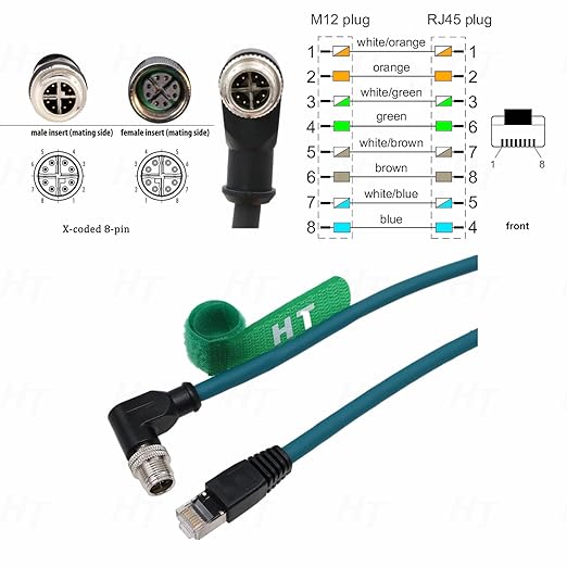 Ethernet Cable for PLC Router Network Cognex Basler Baumer Sick Keyence Datalogic Microscan Vision Camera Sensor Reader, M12 8 Pin X-Code Right Angle 90-Degree to RJ45 (20m)
