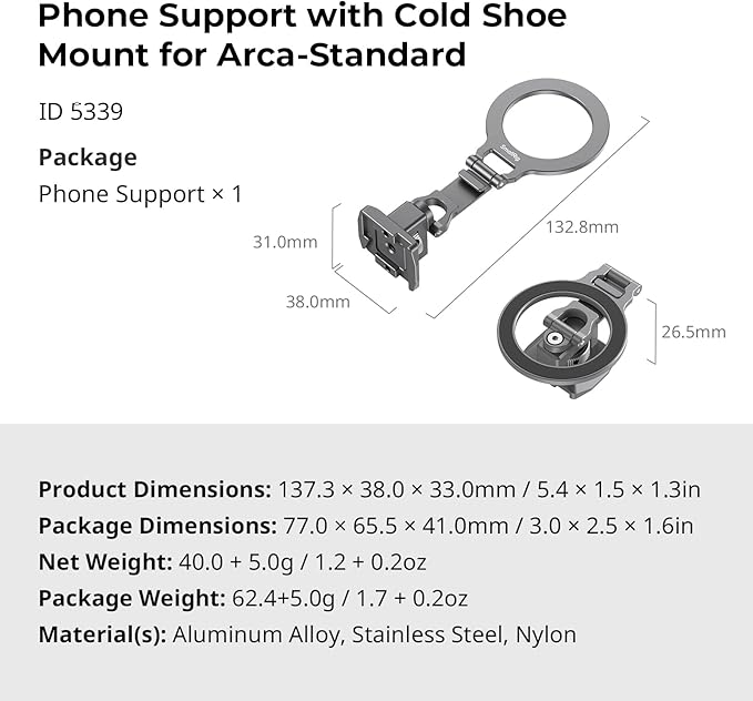 SMALLRIG Metal Phone Mount with Baseplate for Arca-Standard, Compatible for DJI RS 4 Mini, Smartphone Support with Cold Shoe Mount, Phone Tripod Mount for iPhone 16 15 14 etc. - 5339