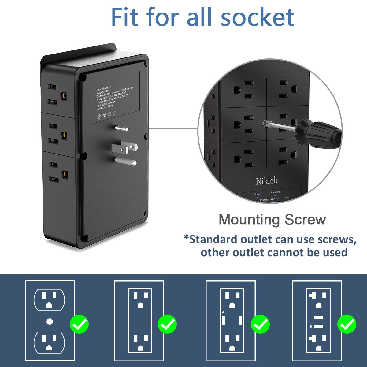 Surge Protector Nikleb, Wall Outlet with 4 USB Ports 5V 4.8A Total, 12 Multi Outlet Extender, Multiple USB Plug Adapter Wall Mount, Phone Chargier Organizer with Phone Holder, Heavy Duty