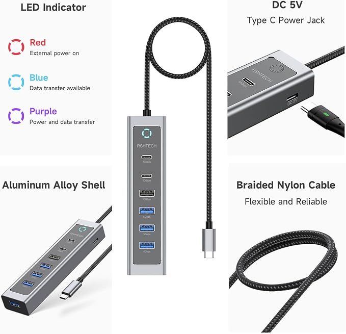 RSHTECH 7-Port USB C Hub Splitter 10Gbps with 3 USB-3.2 (2C + 1A), 4 USB-3.0 Ports and 2ft Long Cable, Aluminum USB-C Hub Multiport Adapters for Laptop and More, RSH-T17C