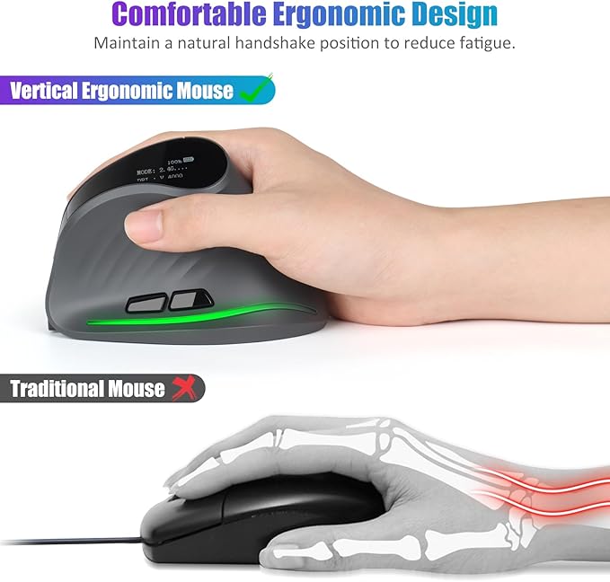 TRELC Wireless Ergonomic Mouse with OLED Screen, Rechargeable Silent Vertical Mouse for 4 Devices Connection (BT+2.4GHz), 4000 DPI, 7 Buttons for Windows/PC/Desktop/Laptop/Tablet (Dark Gray)