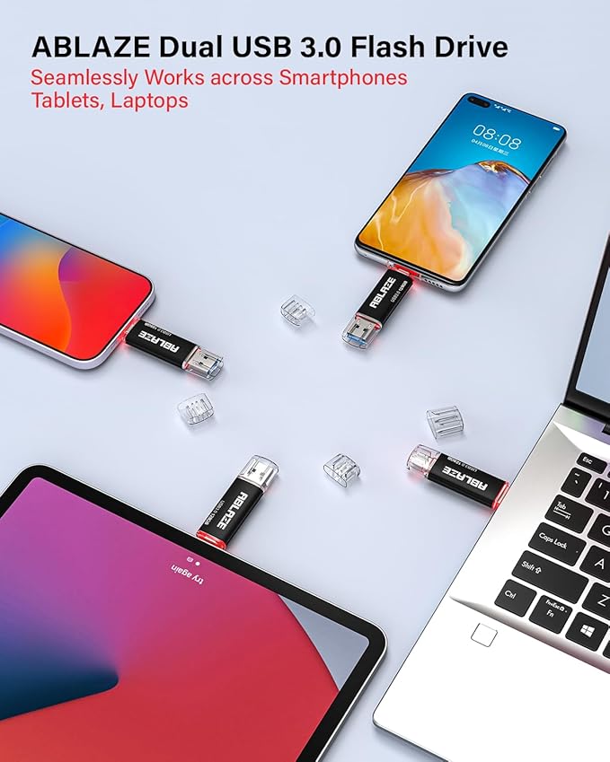 ABLAZE USB C Flash Drive 128GB 2 Pack, Dual USB 3.0+Type C Flash Drive Compatible with iPhone 16/15, Android Smartphone, Computer,Tablet Mac Laptop (2 Pack)