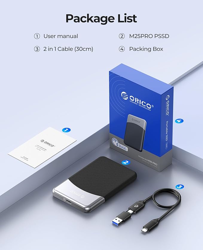 ORICO 2TB External SSD with 2 in 1 USB C Cable, Portable Solid State Drive USB 3.2 Gen 1 Up to 460MB/s, Dust and Drop Resistance, Reliable Storage for USB-C Smartphone, PC, Tablet, Labtop - M25PRO