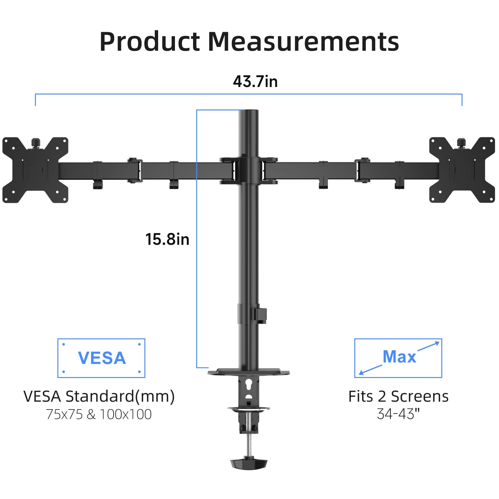 Suptek Dual Monitor Desk Mount, Adjustable Dual Monitor Arm for 2 Monitor Screens up to 43 inch, 15.75" Pole Monitor Stand for Desk, Holds up to 22 lbs, Black(MD9442LB)