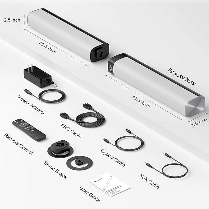 Sound Bar for Smart TV, 80W Soundbar with Bluetooth/ARC/Opt/AUX Connect, Auto Volume Boost, 3 Equalizer Modes, 2 in 1 Detachable Soundbar for TV/PC/Gaming/Projectors