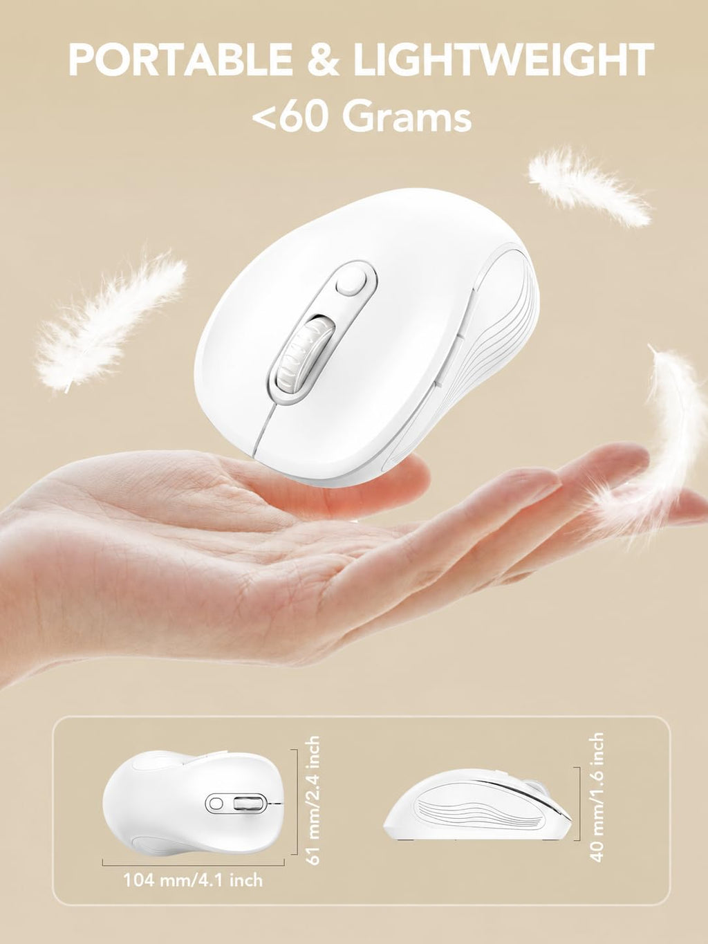 Trueque Wireless Mouse for Laptop, Ergonomic 6-Button Mouse, Pure White