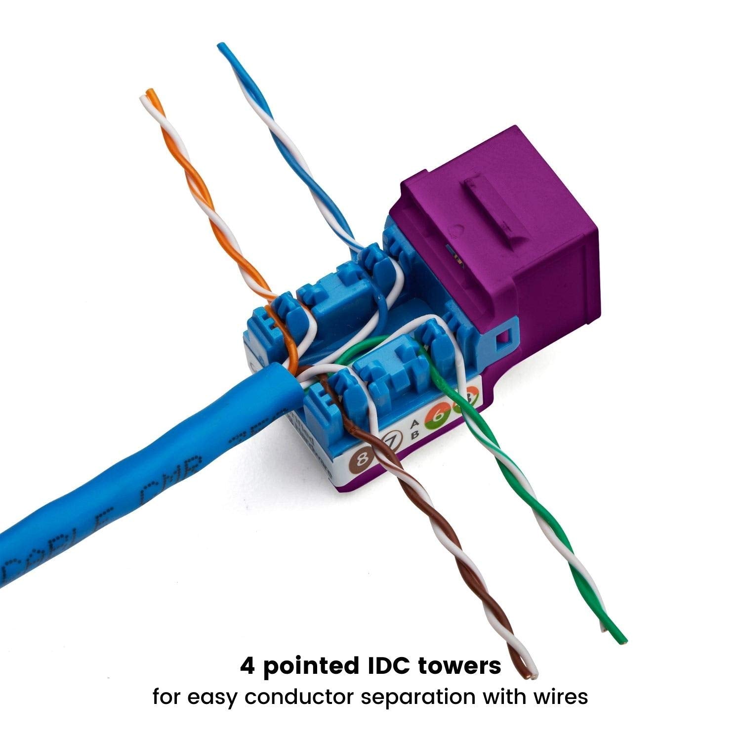 TRUE CABLE Cat5e Keystone Jack, Unshielded (UTP), 90 Degree Punch-Down, PoE++ (4PPoE) 100W, UL Listed, ETL Verified, ANSI/TIA Certified, Modular RJ45 Female, Purple, 48 Pack