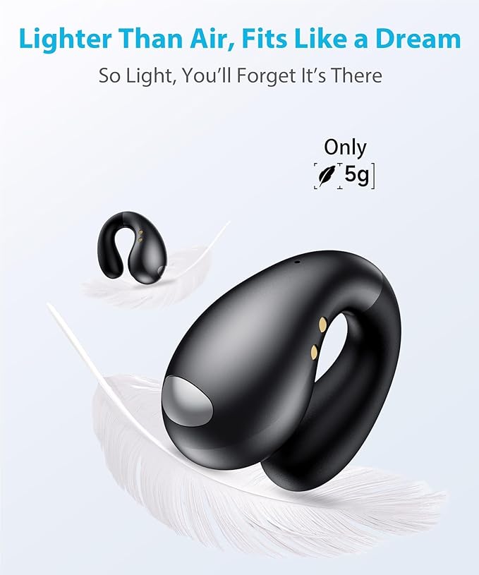 Ultra Open Ear Earbuds - Ergonomic Clip-On Earbuds, Small Bone Conduction Over-The-Ear Headphones with Waterproof Design, Perfect Running Headphones for Sports and Fitness, Black