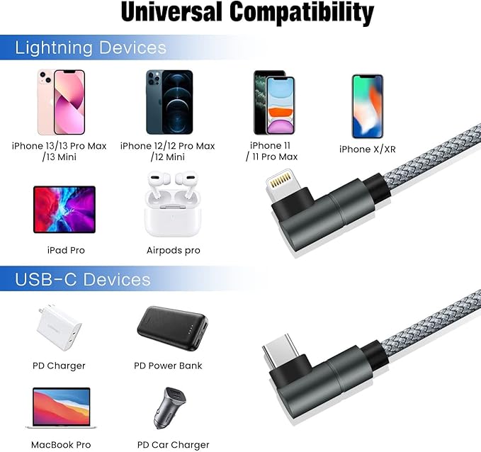 USB C to Lightning Cable 10FT MFi Certified 90 Degree iPhone Fast Charger Nylon Braided Extra Long Charging Cord Compatible with iPhone 14/13/13 Pro Max/13 Mini/12/11/XS/XR/8/iPad 8th
