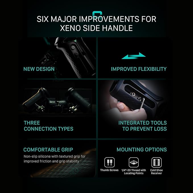 Tilta Xeno Side Handle for Filmmakers & Cameras - Black | Secure Connection & Helps Prevent Rotation | Adjustable Height | Textured Silicone Grip | Convenient Assembly (NATO)