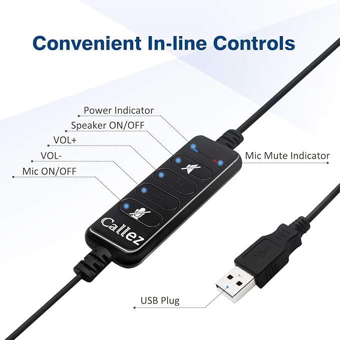 USB Headset with Microphone Noise Cancelling & Audio Controls, Stereo Computer Headphones for Business Skype UC Lync Softphone Call Center Office, Clearer Voice, Super Light, Ultra Comfort