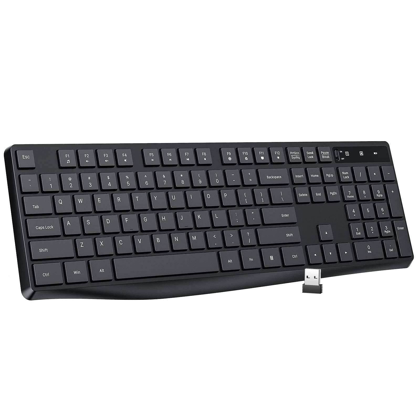Lovaky Wireless Keyboard MK98, 2.4G USB Computer Cordless Keyboard, Enlarged Indicator Light, Ergonomic Full Size PC Keyboard with Number Pad for Windows, Laptop, Desktop, Chromebook, Notebook, Black