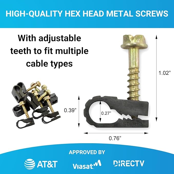 STEREN Coaxial Cable Clips - Cable Holder - Siding Clips for Hanging - Cord Holder for Desk - Cable Clamps - Cord Clip - Wire Organizer Clips - Tv Mount Screws (Black, 100 Count - Single Screw)