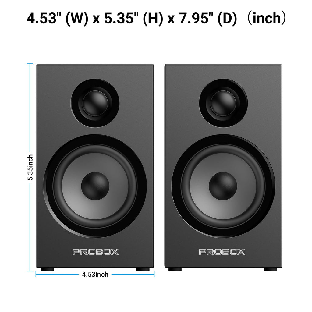 Probox Powered Bookshelf Speakers HiFi Computer Gaming Monitors with Bluetooth 5.3 & 24-Bit USB DAC Stereo Speaker PC Speakers 3.5" Woofer,1" Silk Dome Tweeter, Adjustable Bass/Treble BT16-Black