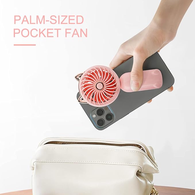 QearFun Handheld Lanyard Fan Portable, Mini Hand Held Fan with USB Rechargeable Battery, 3 Speed Strong Personal Table Fan, 8-12 Hours Small Makeup Fan for Girls Women Travel (Purple&Pink)