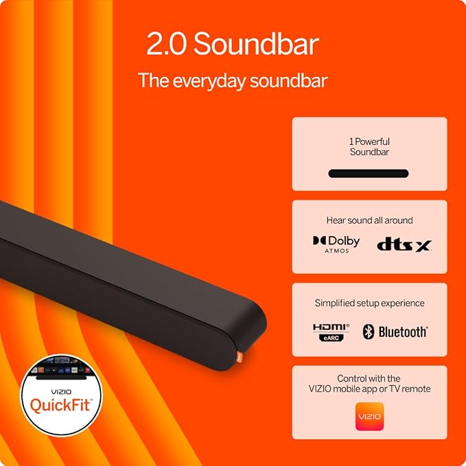 VIZIO 2.0 Soundbar w/Dolby Atmos & DTS:X, Bluetooth Speaker, QuickFit™ Compatible – SV200M-08 (New, 2024 Model)