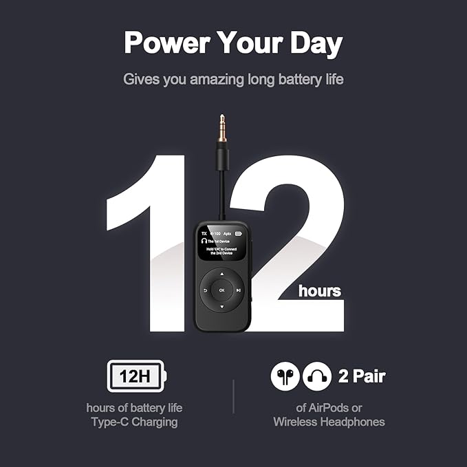 SoundSync Pro Bluetooth Transmitter & Receiver for Airplane, Easy Setup Bluetooth Audio Transceiver for 2 BT Devices, Volume Control, RCA for TV