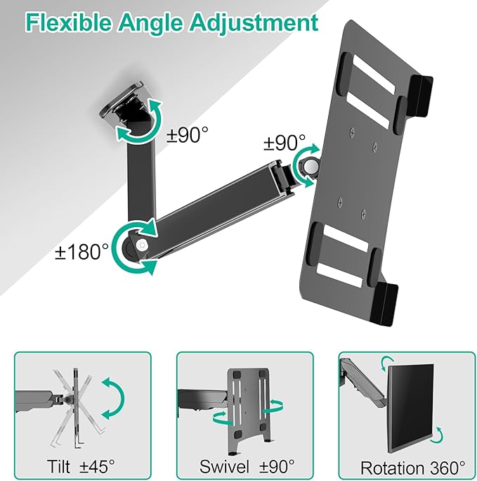 Laptop Wall Mount, 2-in-1 Gas Spring Wall Holder with Vented Tray for 12"-17" Notebook/13-32 Computer Screen, Full Motion Adjustable Wall Mount Laptop Stand Holds 3.3-17.6lbs