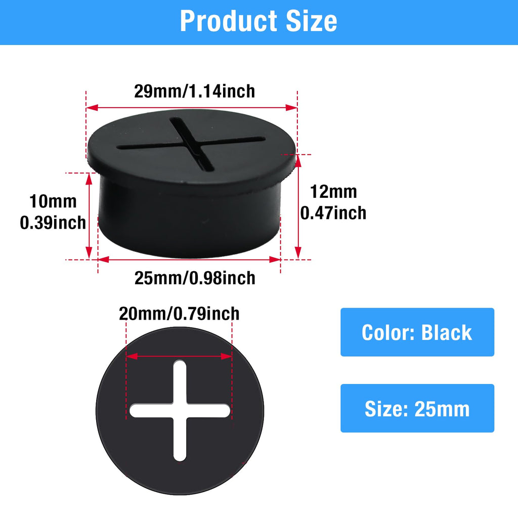 BOPOREAE Desk Grommet, 1 in 25 mm Black 15 Pcs Silicone Rubber Grommets