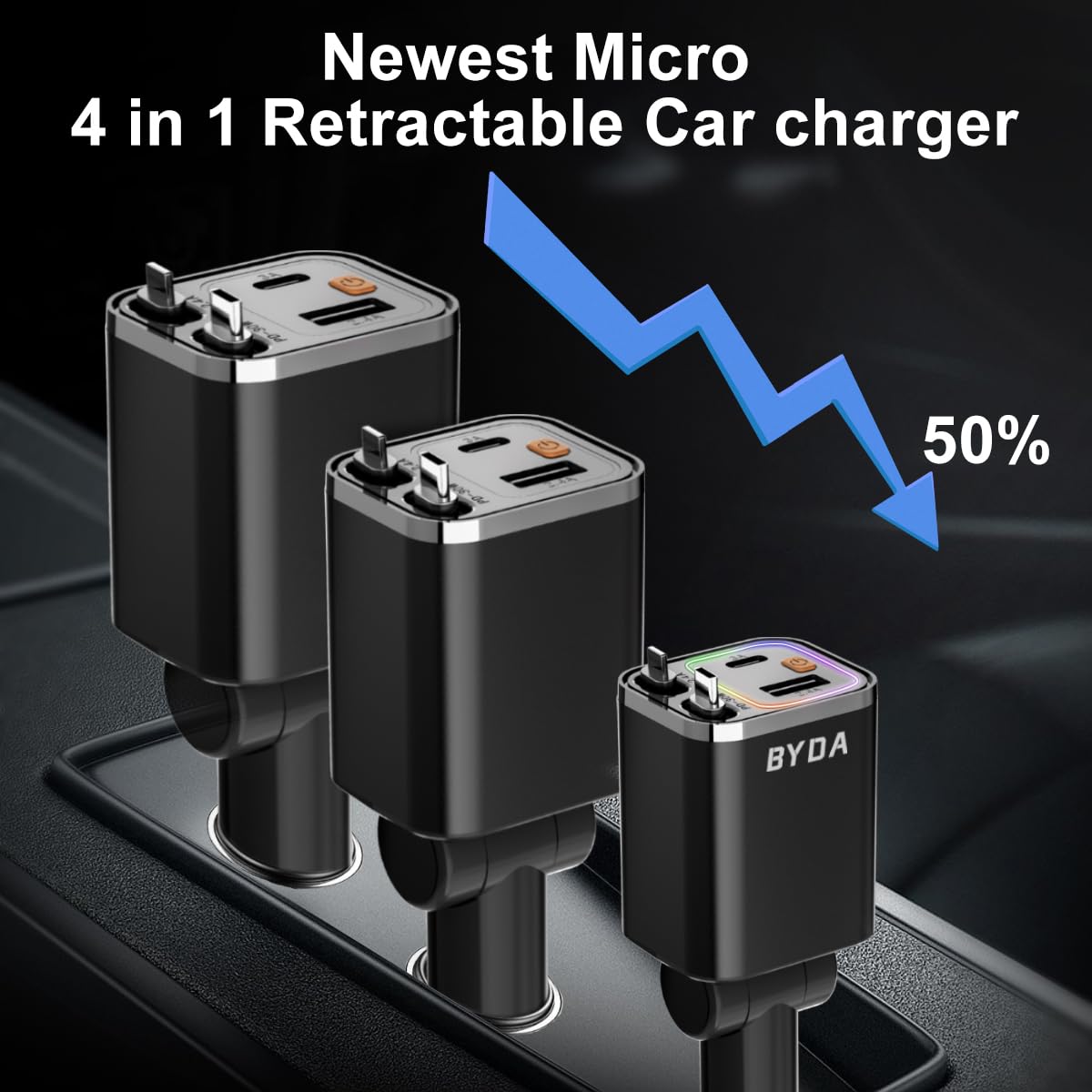 4 in 1 Retractable Car Charger,69W USB-C Fast Car Charger, for iPhone 17/16/15/14/13/12/11, Android,Pixel,Cigarette Lighter Charger (for Type C+Lightn-ing)