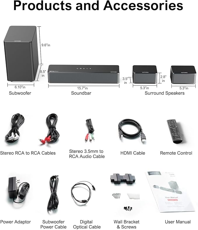 ULTIMEA 5.1 Sound Bar, 410W Dolby Atmos Surround Sound System for TV, 3D Sound Bars for Smart TV w/Subwoofer, Adjustable Surround & Bass, Home Audio w/APP Control, Poseidon D60(New 2025 Version)