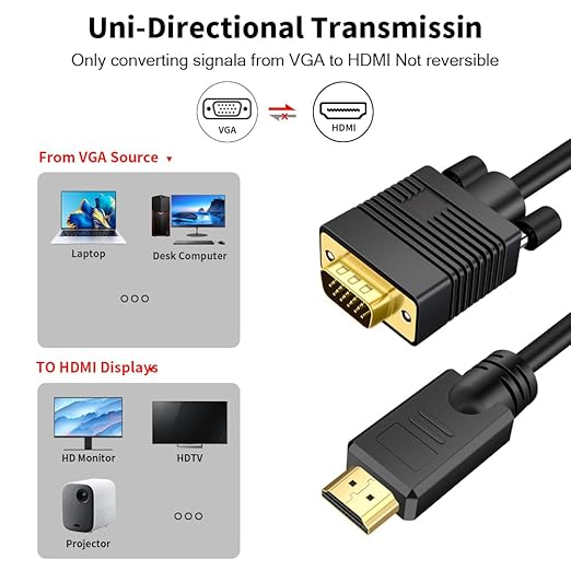 VGA (Sources) to HDMI(Display) Cable 3ft with Audio, VGA to HDMI Converter Adapter Cable Compatible Well Witch Computer/Projector/Laptop to Monitor/TV, Desktop