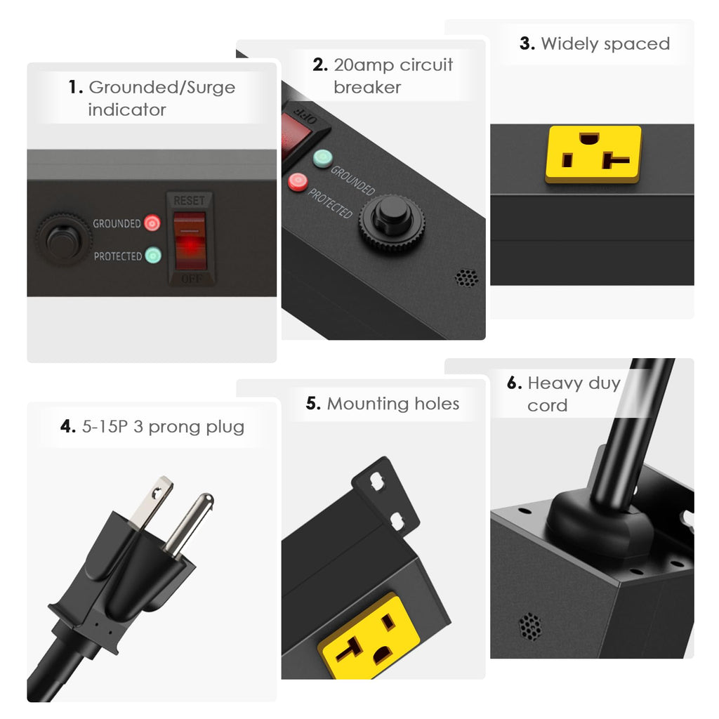 JUNNUJ Long Metal 16 Outlet Power Strip, Heavy Duty Power Strips Surge Protection 4800J with Circuit Breaker, 20a Wide Spaced Socket Wall Mount 5-15P Adapter High Amp 6-20R T-Slot 4FT Extension Cord