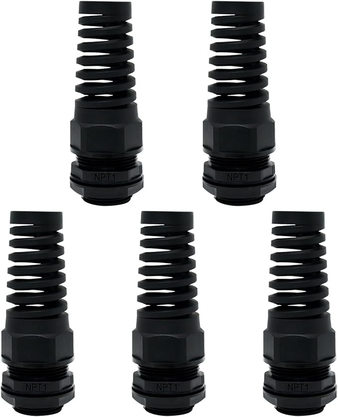 LeMotech 5Pcs NPT 1" IP68 Waterproof Cable Gland Flex Spiral Strain Relief Black Nylon Joint with Gaskets for 18-25mm Wire Thread