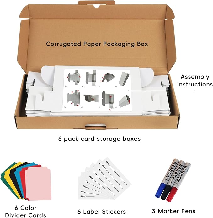 Toploader Storage Box, 6 Packs 900 Count Corrugated Cardboard Storage Box for TCG, Mtg, Sport Cards, Trading Cards, Toploader Collector Boxes with 3 Markers, 6 PCS Multicolor Dividers and Labels