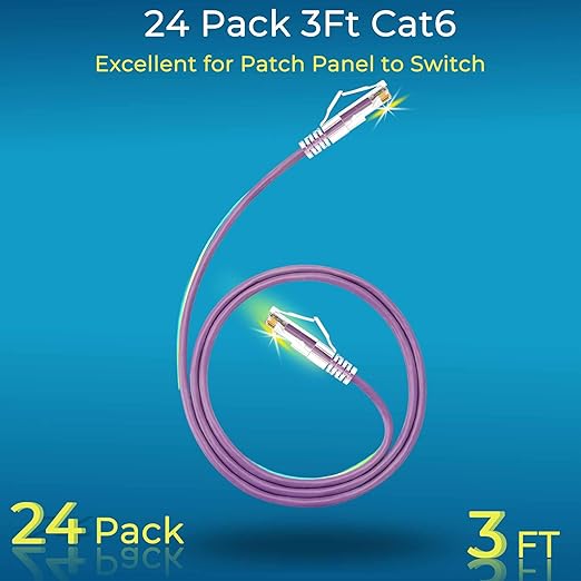 Rapink Patch Cables Cat6/ Cat6a 3ft (24 Pack) Slim, Cat6a Ethernet Patch Cable 30G Support, Snagless Cat 6 Patch Cable for Patch Panel to Switch, Flexiable Cat6 Ethernet Cable Purple