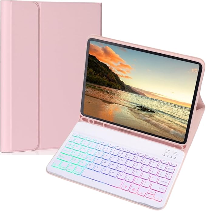 Keyboard Case for Galaxy Tab S10 Lite/ S10 FE/ S9 FE/S9/S8/S7, Slim Lightweight 7 Color Rainbow Backlight Detachable Magnetic Keyboard Cover with S Pen Holder, Pink